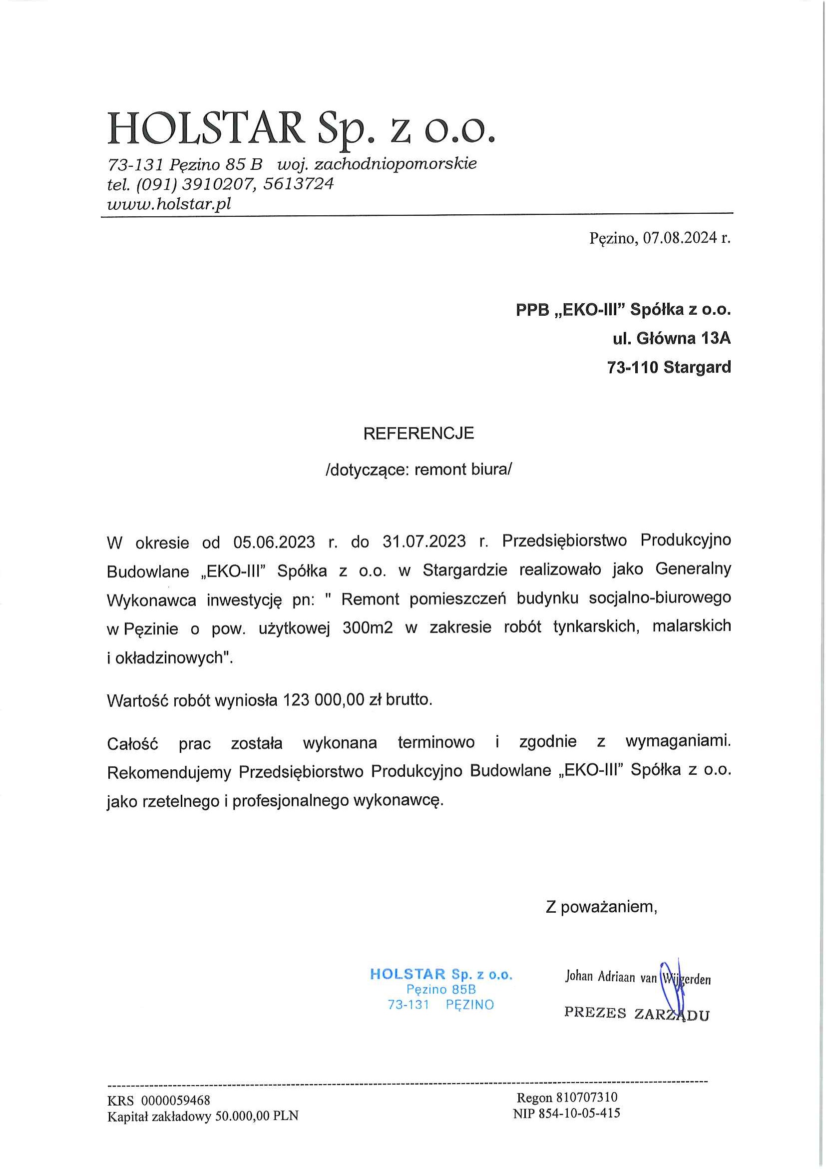 Dokument z referencją od HOLSTAR - remont biur.